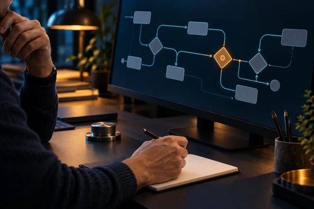 Conceptual illustration of a person reviewing an AI workflow