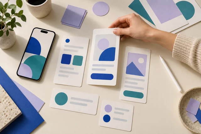 Illustration of paper interface prototypes being arranged