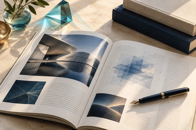 Editorial still life with an open technology journal, a fountain pen, books and a cyan glass prism